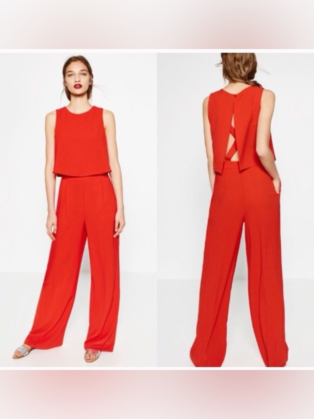 Zara Red Sleeveless Wide-Leg Jumpsuit with Open Back Criss Cross